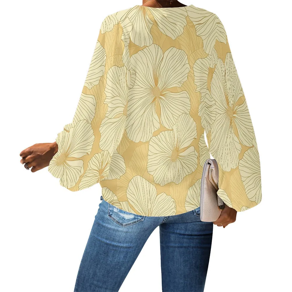 Yellow Tropical Flowers V-Neck Chiffon Puff Sleeve Blouse by Luxtrini