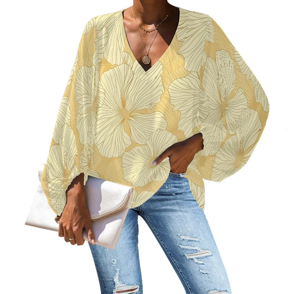 Yellow Tropical Flowers V-Neck Chiffon Puff Sleeve Blouse by Luxtrini