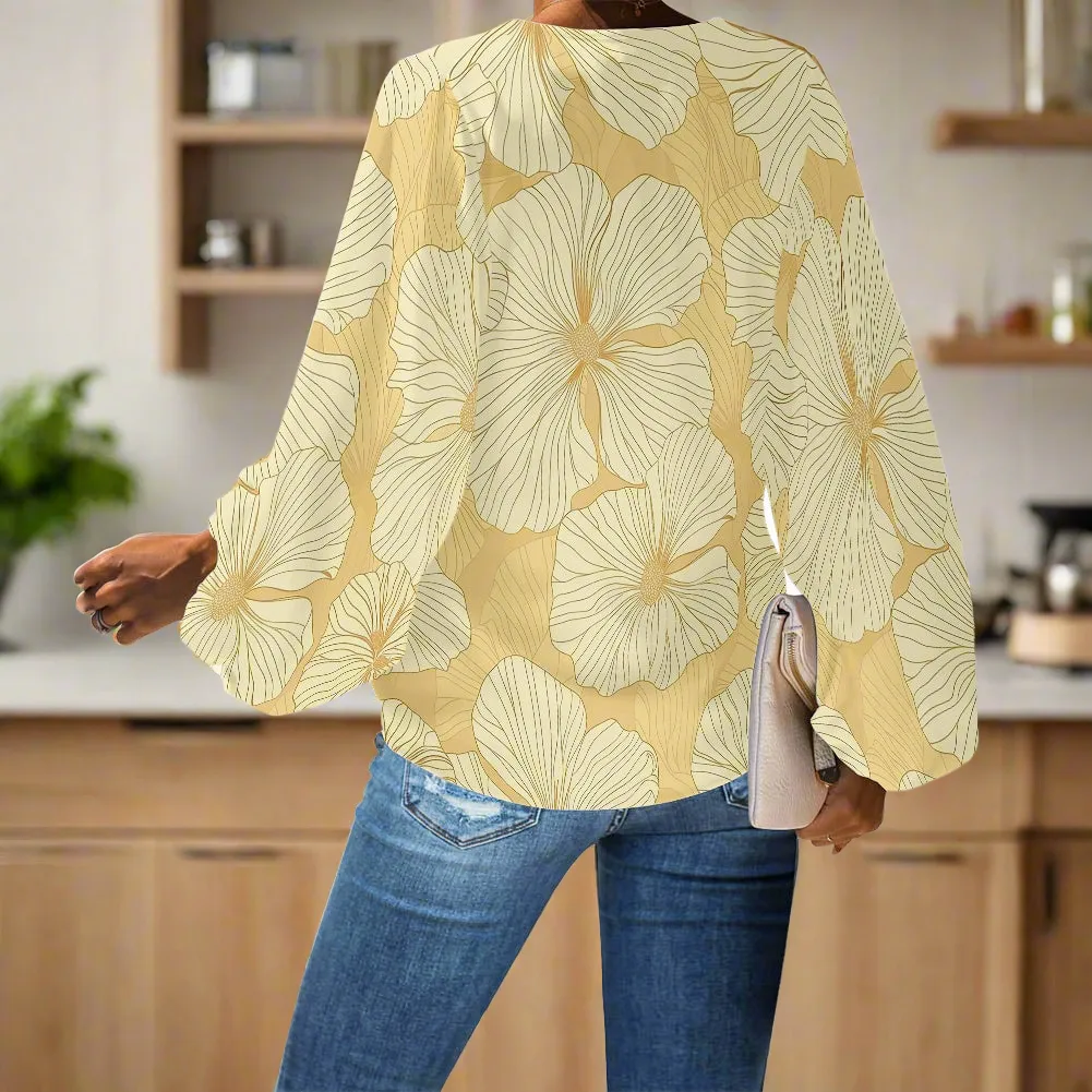 Yellow Tropical Flowers V-Neck Chiffon Puff Sleeve Blouse by Luxtrini